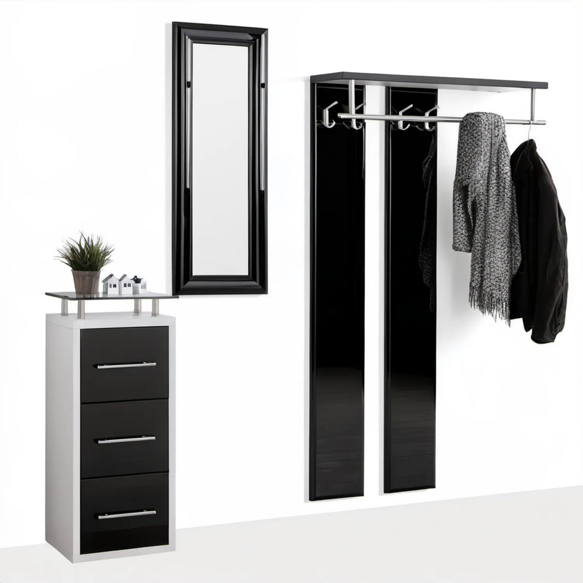 Zestaw do przedpokoju czarno-biało-srebrny z lustrem, szafką na buty i panelem ściennym, szafka 63 x 29 x 120 cm