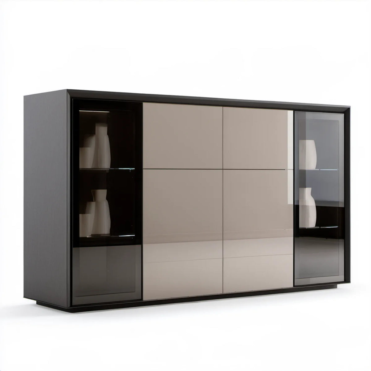 Nowoczesny kredens 200 × 45 × 120 cm czarno-beżowo-szary z MDF i szkła hartowanego