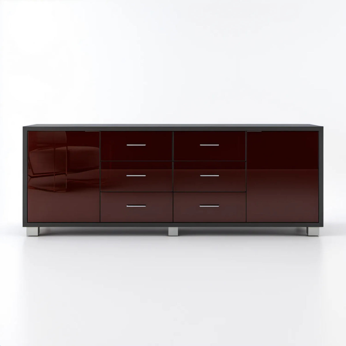 Bordowy kredens z 6 szufladami i 2 drzwiami, MDF i stal, 200 x 45 x 80 cm