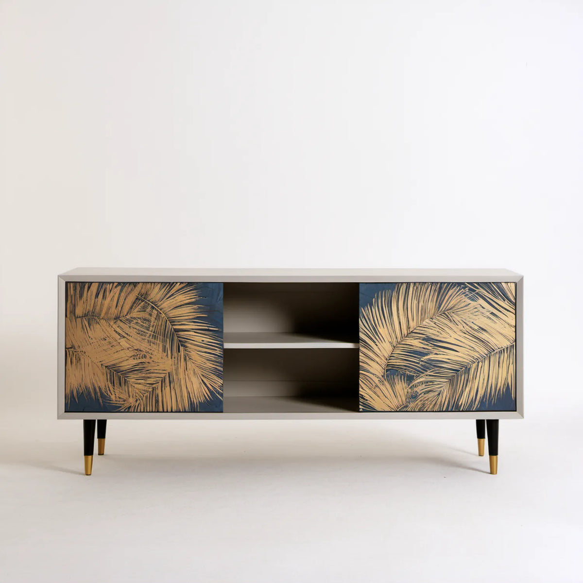 Szafka RTV 160 x 40 x 75 cm czarno-złoto-szara z motywem liści