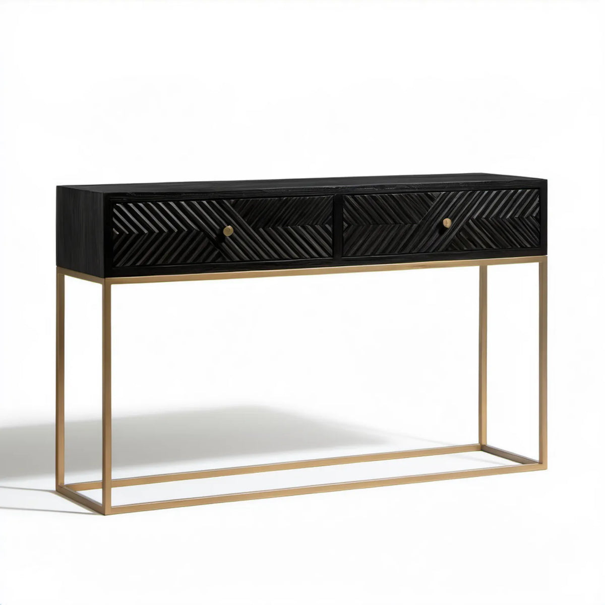 Konsola do przedpokoju z 2 szufladami, czarno-złota, 120 x 35 x 80 cm, MDF i stal