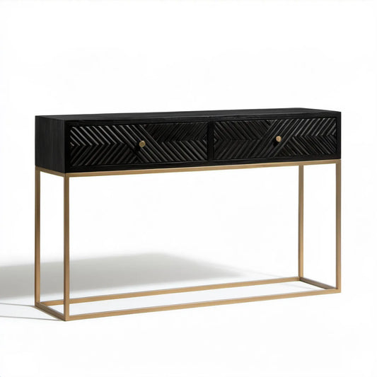Konsola do przedpokoju z 2 szufladami, czarno-złota, 120 x 35 x 80 cm, MDF i stal
