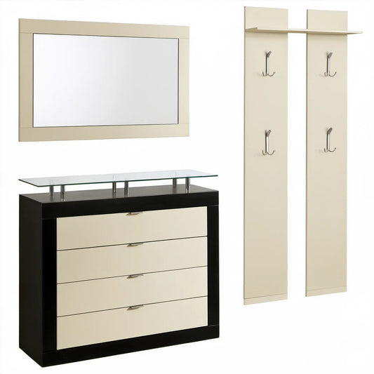 Garderoba do przedpokoju kremowo-czarna z lustrem, szafką 80 × 30 × 90 cm i panelem 80 × 25 × 150 cm
