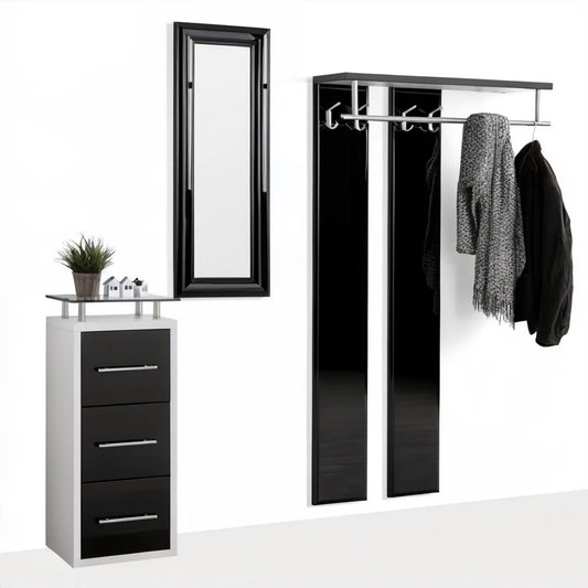 Zestaw do przedpokoju czarno-biało-srebrny z lustrem, szafką na buty i panelem ściennym, szafka 63 x 29 x 120 cm