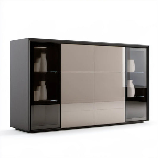 Nowoczesny kredens 200 × 45 × 120 cm czarno-beżowo-szary z MDF i szkła hartowanego