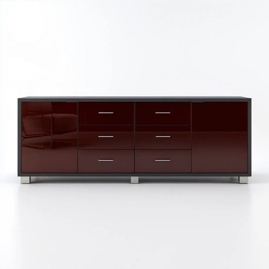 Bordowy kredens z 6 szufladami i 2 drzwiami, MDF i stal, 200 x 45 x 80 cm