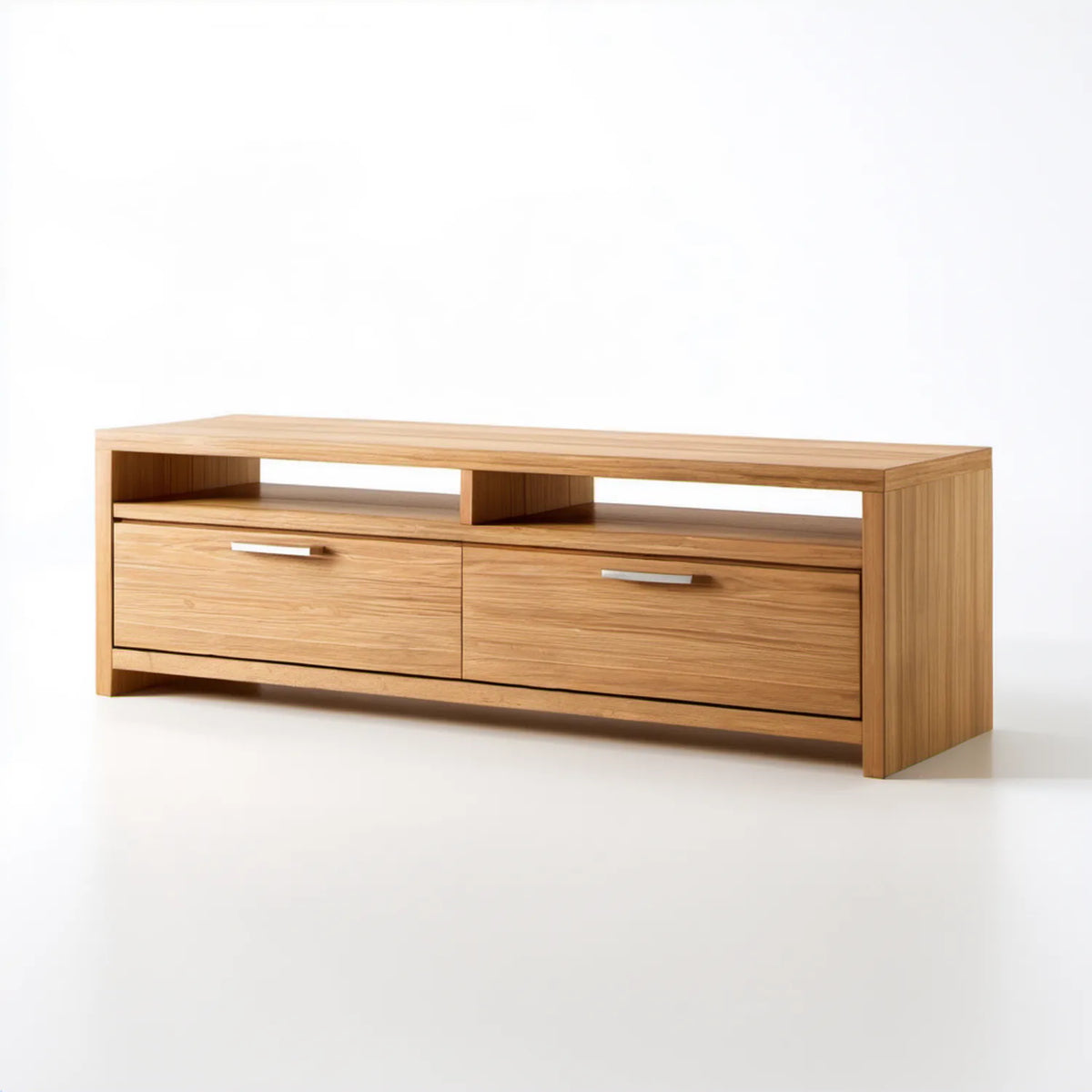 Szafka RTV z litego drewna dębowego, naturalny dąb, 180 × 40 × 55 cm, 2 szuflady