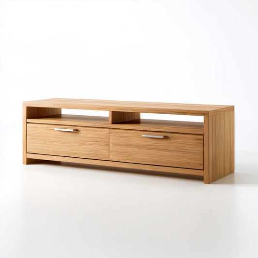 Szafka RTV z litego drewna dębowego, naturalny dąb, 180 × 40 × 55 cm, 2 szuflady