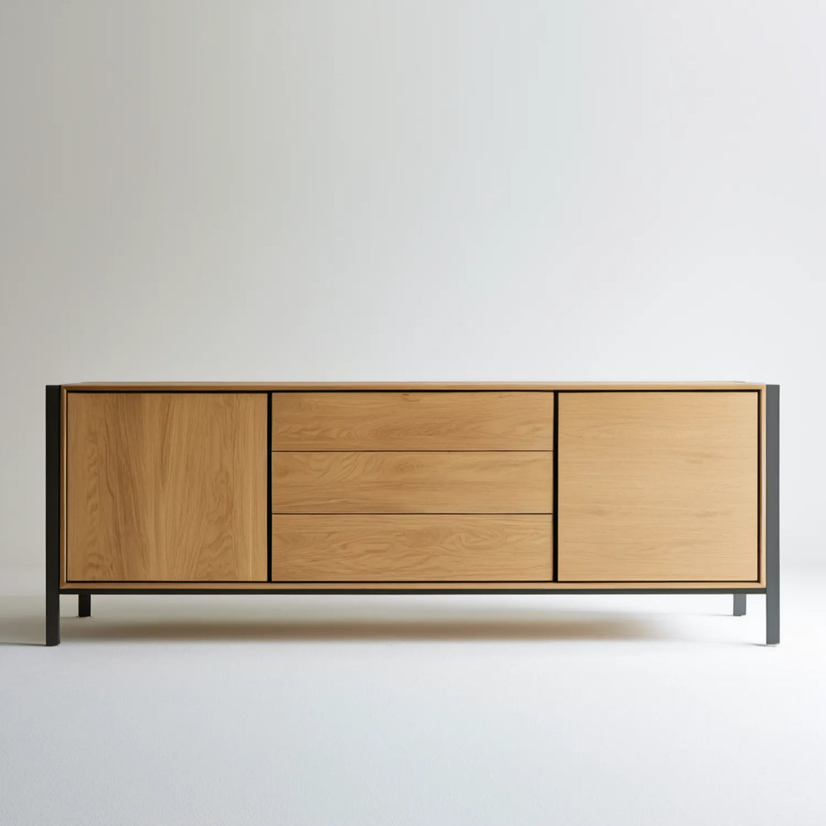 Dębowy kredens 180 x 45 x 80 cm z 2 drzwiami i 3 szufladami, na czarnych stalowych nogach