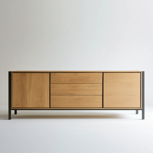 Dębowy kredens 180 x 45 x 80 cm z 2 drzwiami i 3 szufladami, na czarnych stalowych nogach