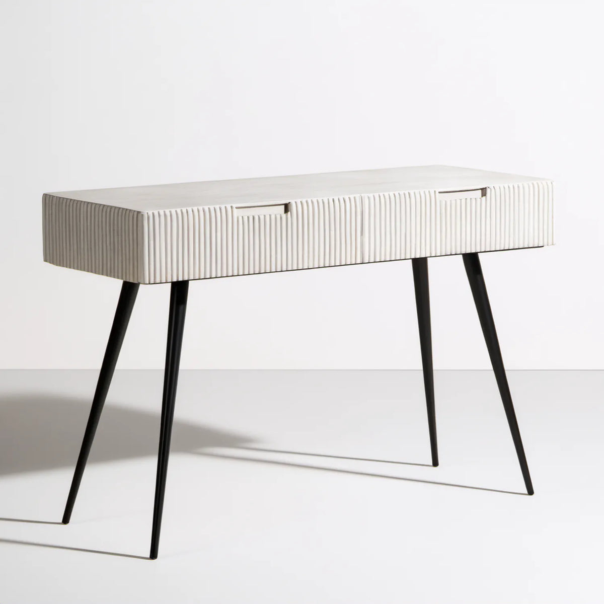 Biała konsola z 2 szufladami i czarnymi nogami, 120 x 40 x 80 cm, MDF i stal