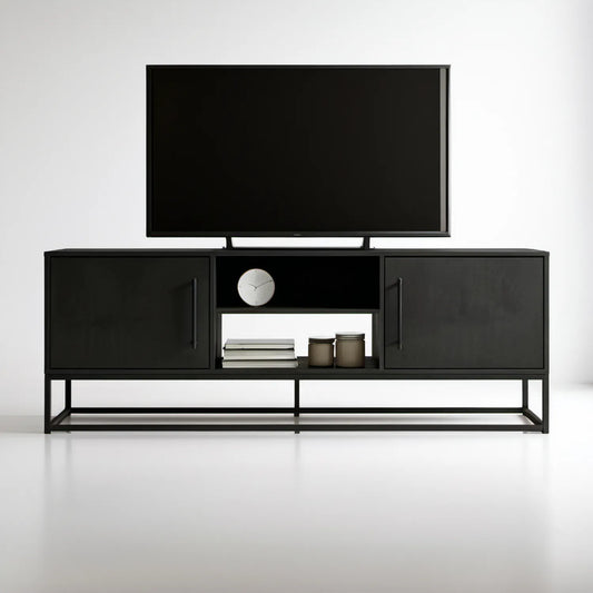 Czarna szafka RTV 160 x 40 x 75 cm z płytą MDF i stalową podstawą